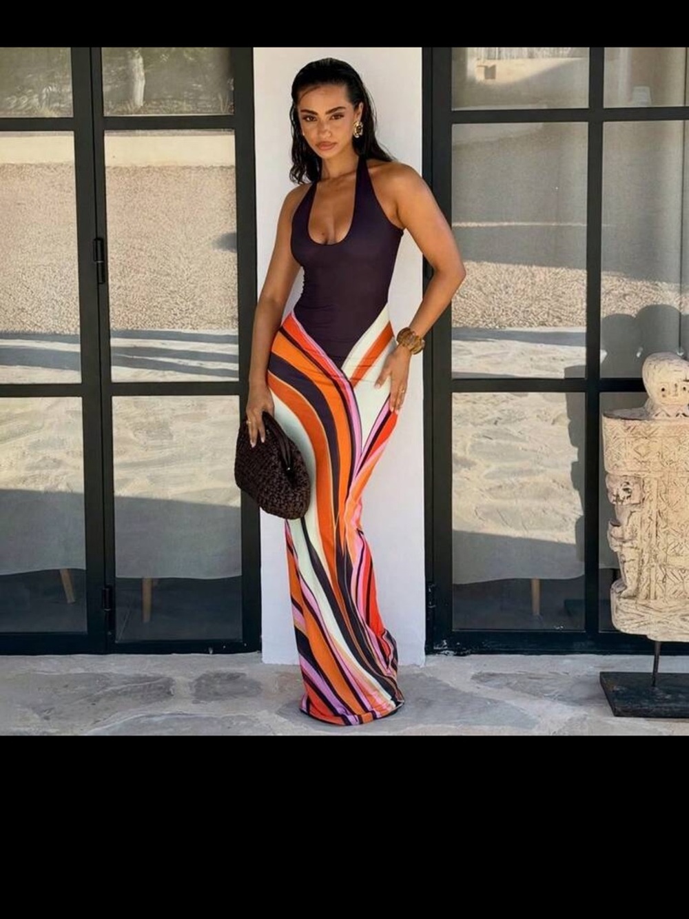 Sleeveless Halter Maxi Dress with Vibrant Swirl Skirt - Black & Multi